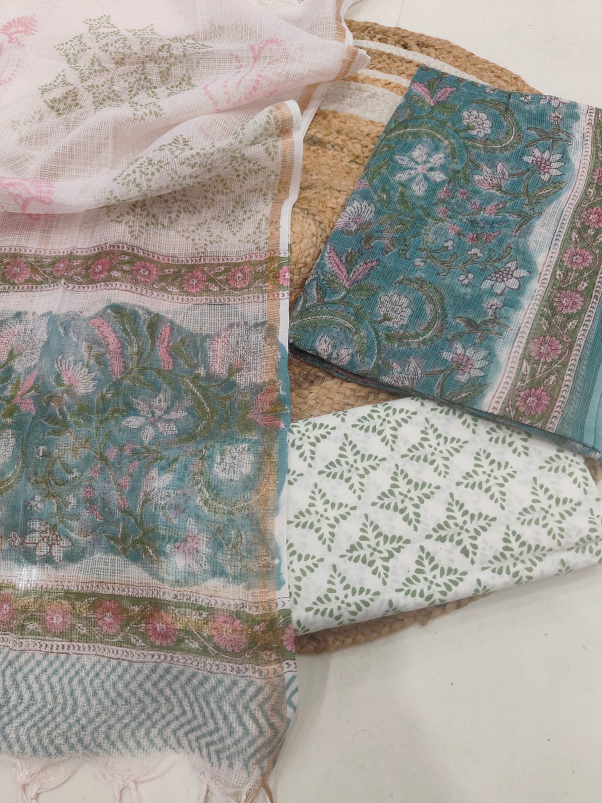Teal Floral Printed kota doriya Suit Set with Dupatta (MVFKO10)