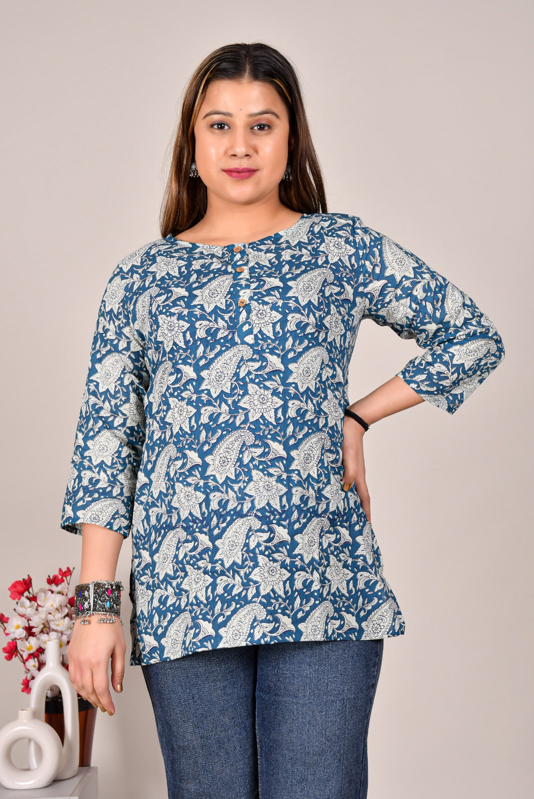 Blue Paisley Printed Cotton Top for Women – Casual Ethnic 3/4 Sleeve Top