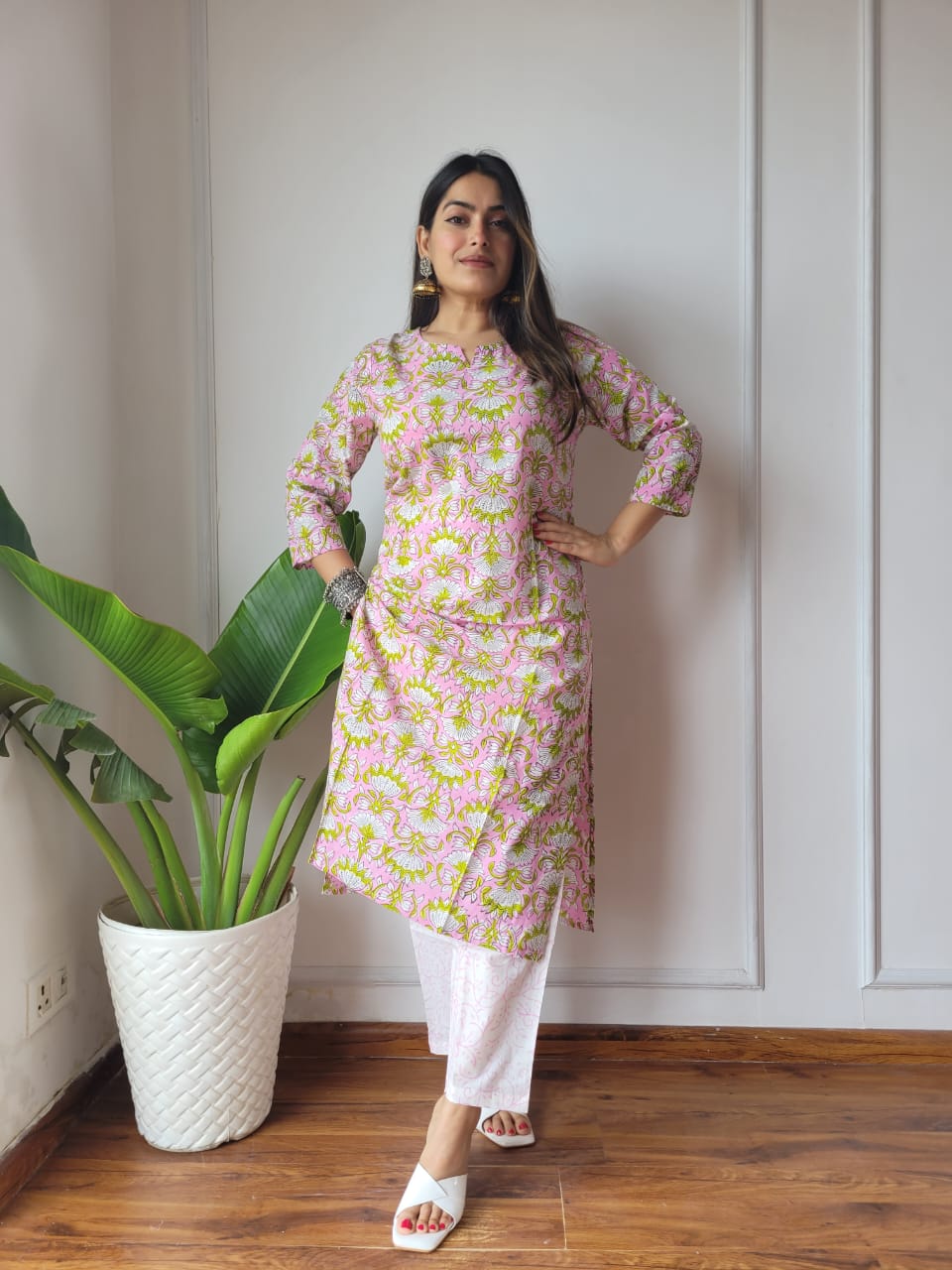 Pink Yellow Printed Cotton Kurti Pant Set for Women | Stylish Summer Wear