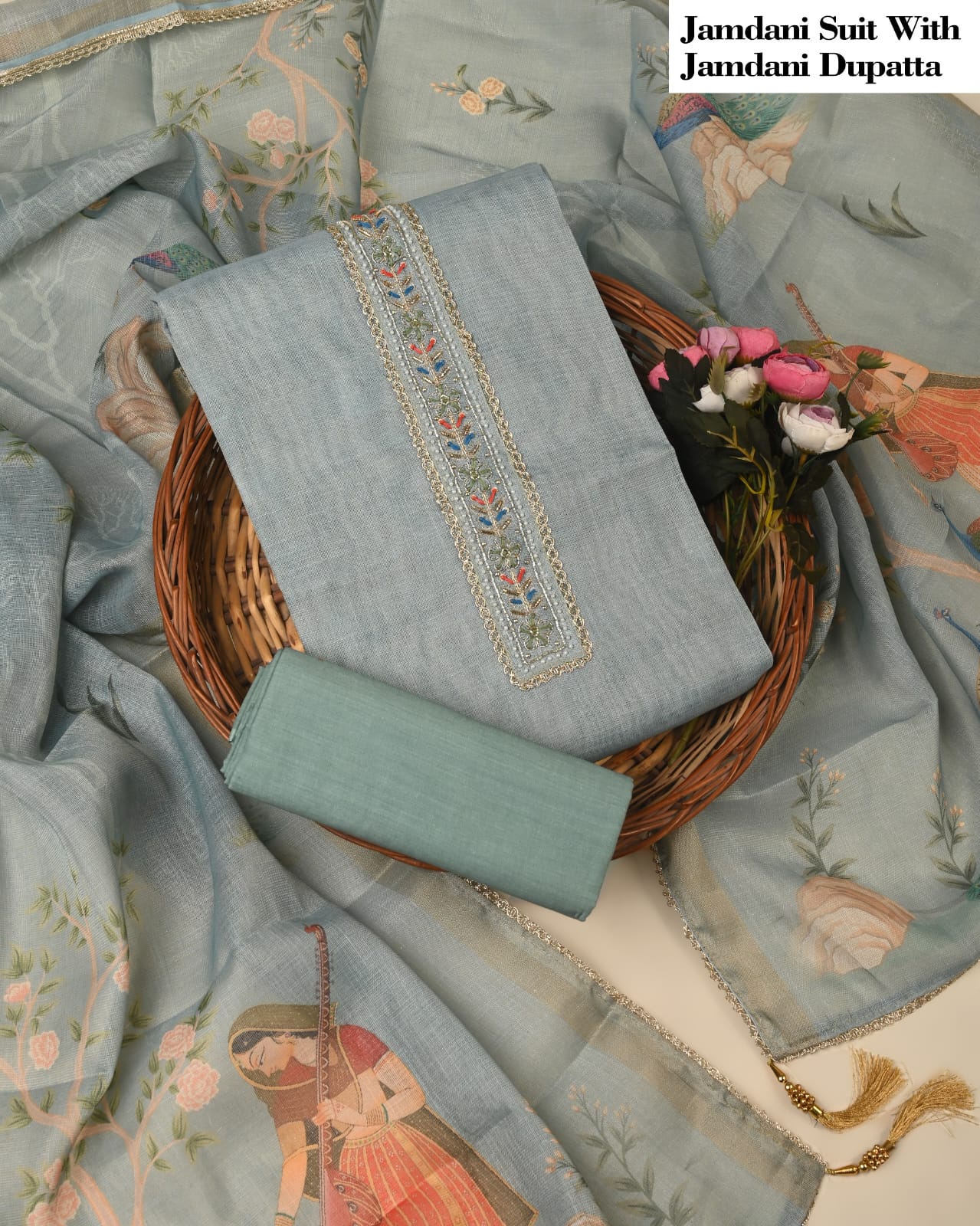 Sky Blue Jamdani Suit with Jamdani Dupatta – Premium Unstitched Ladies Dress Material