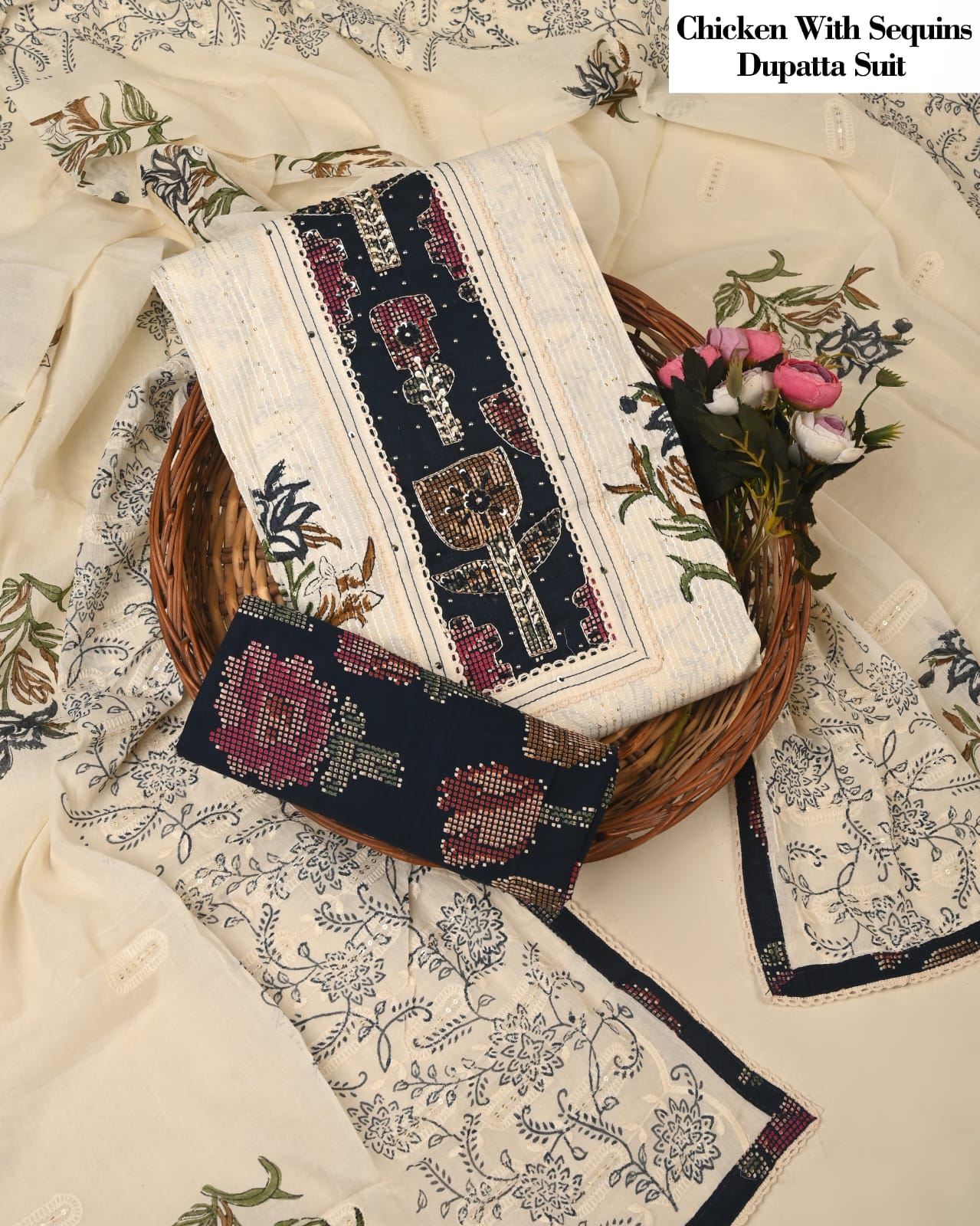 Cream Chicken Embroidered Suit with Sequins Dupatta – Designer Ladies Unstitched Dress Material