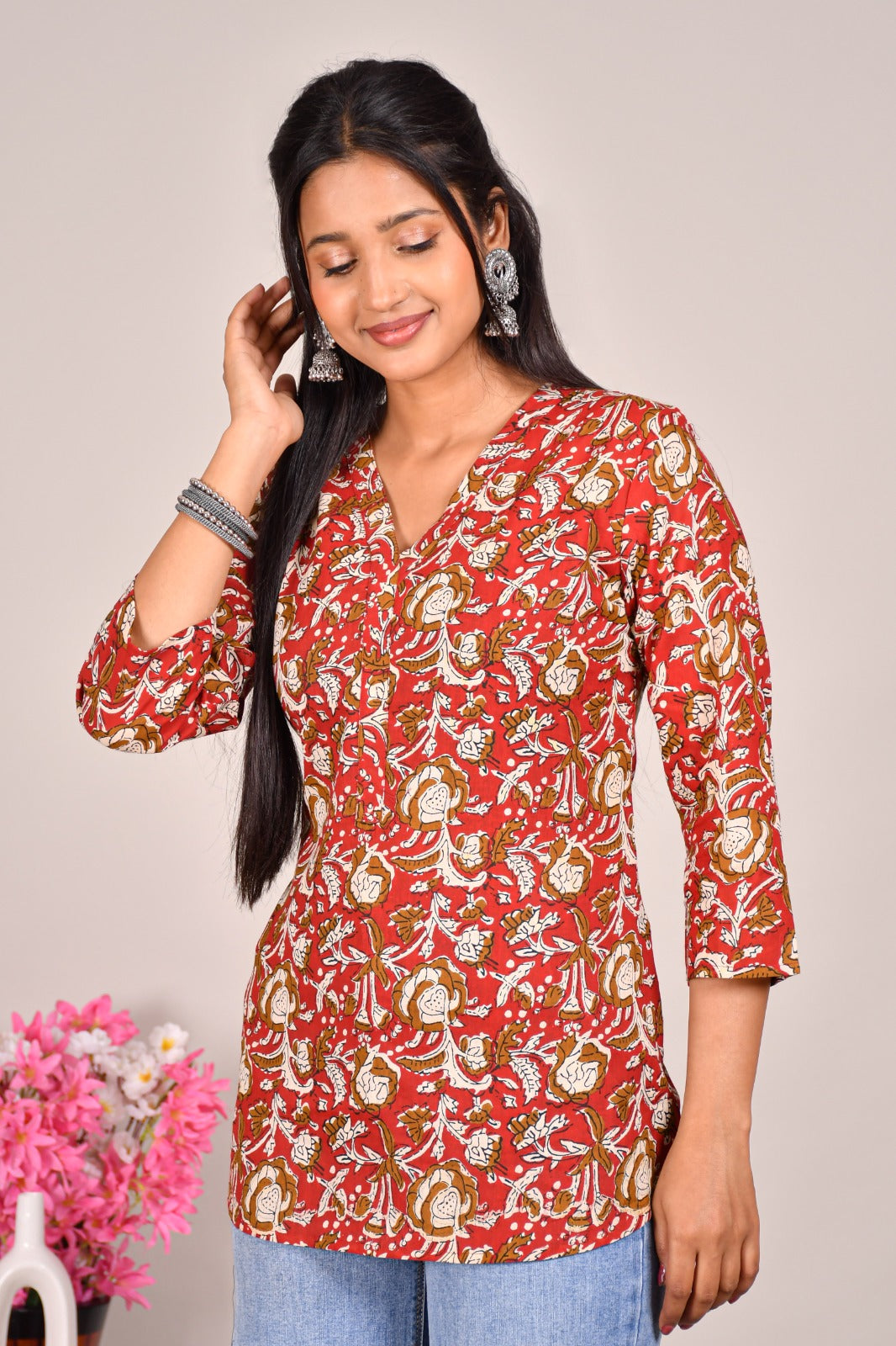 Red Floral Printed Cotton Top for Women – Casual V-Neck Ethnic Wear