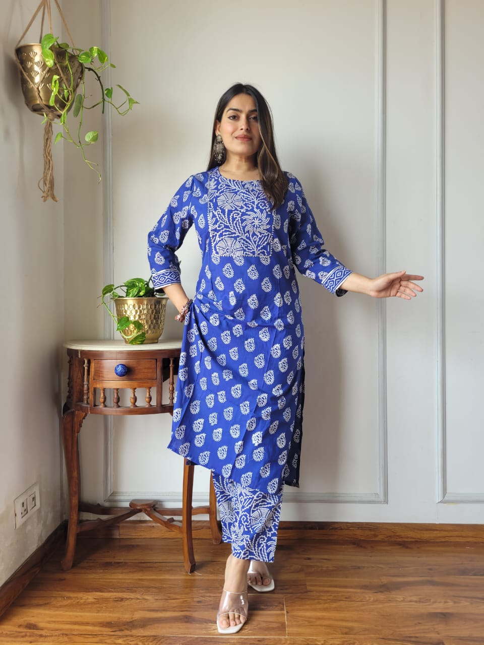 Royal Blue Printed Cotton Kurti Pant Set for Women | Ethnic Fashion