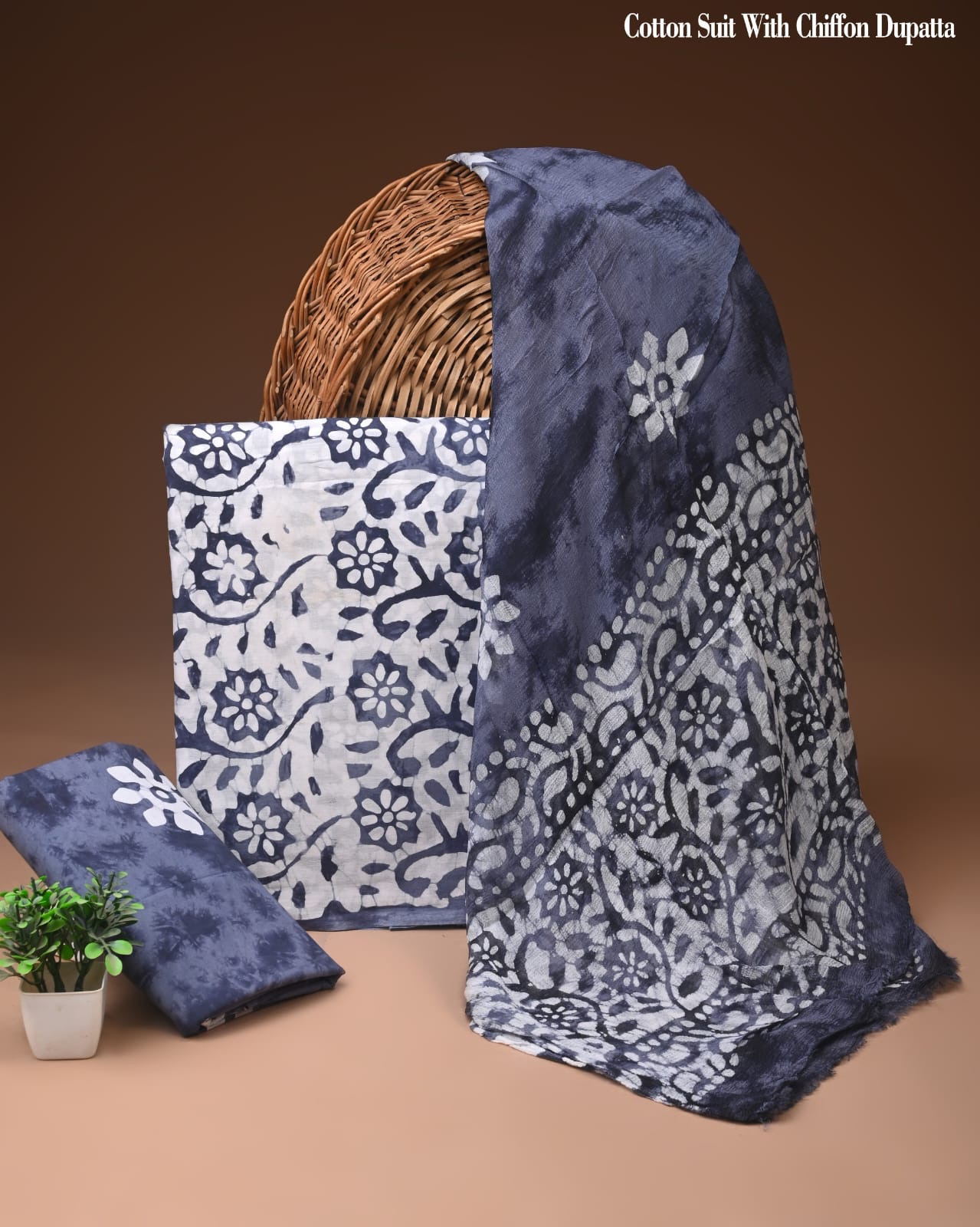 Navy Blue Floral Batik Print Cotton Suit with Chiffon Dupatta – Ladies Unstitched Summer Dress Material