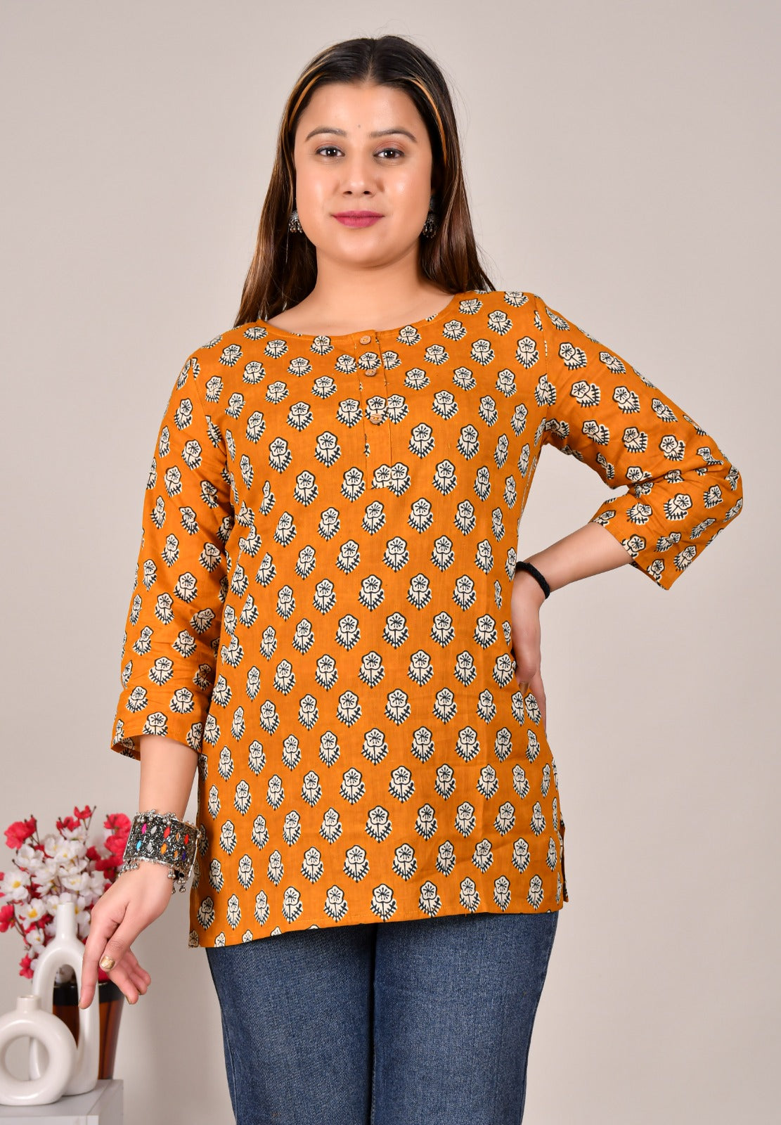 Mustard Printed Cotton Top for Women – Casual Ethnic Summer Wear