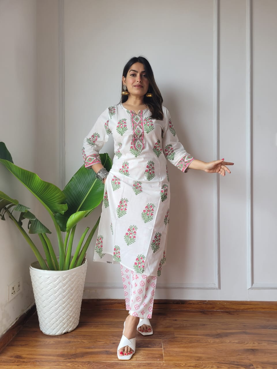 White Floral Cotton Kurti Pant Set for Women | Elegant Ethnic Outfit