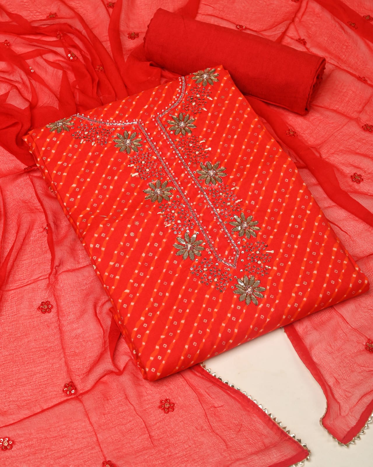 Red Muslin Embroidered Suit with Chiffon Dupatta – Designer Party Wear
