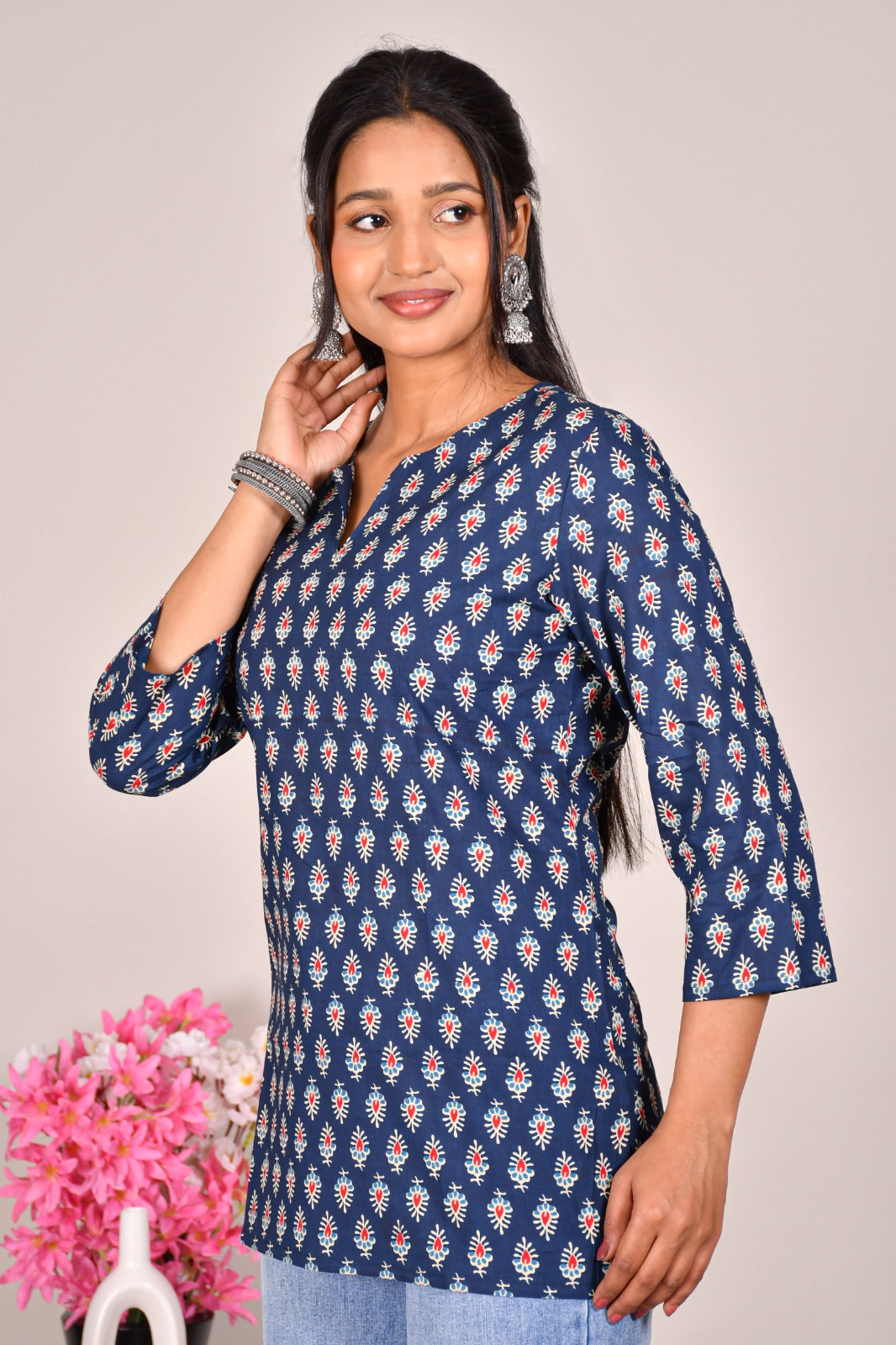 Navy Blue Printed Cotton Top for Women – Casual Ethnic Wear