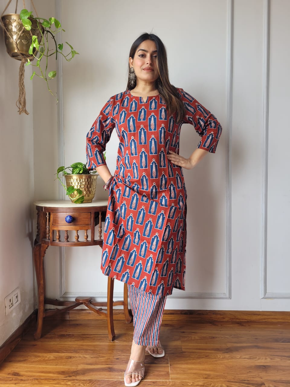 Rust Printed Cotton Kurti Pant Set for Women | Stylish Casual Ethnic Wear