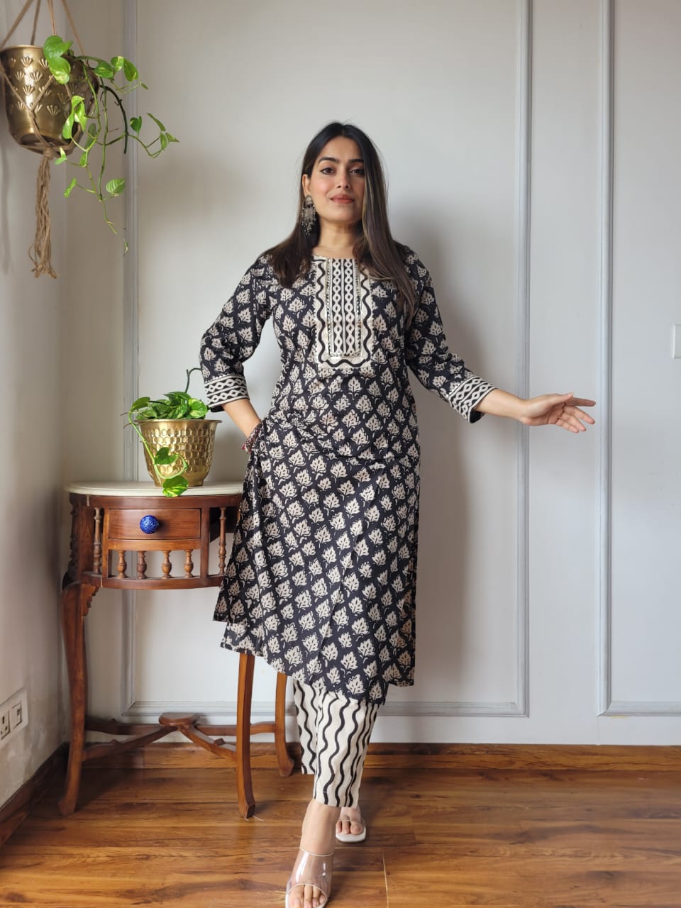 Black Traditional Cotton Kurti Pant Set for Women | Elegant Ethnic Wear