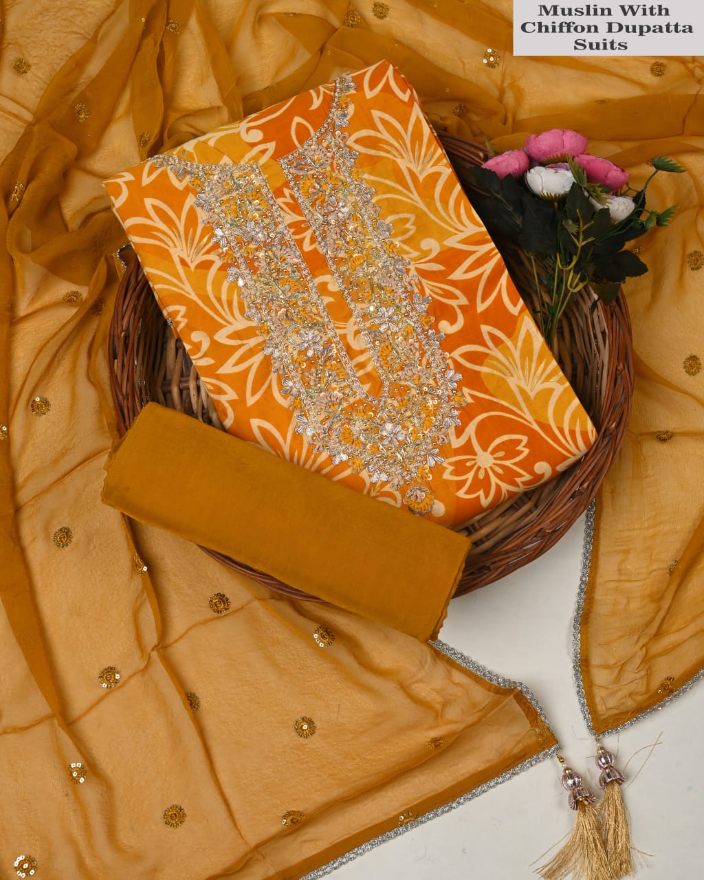 Mustard Muslin Heavy Embroidered Suit with Chiffon Dupatta