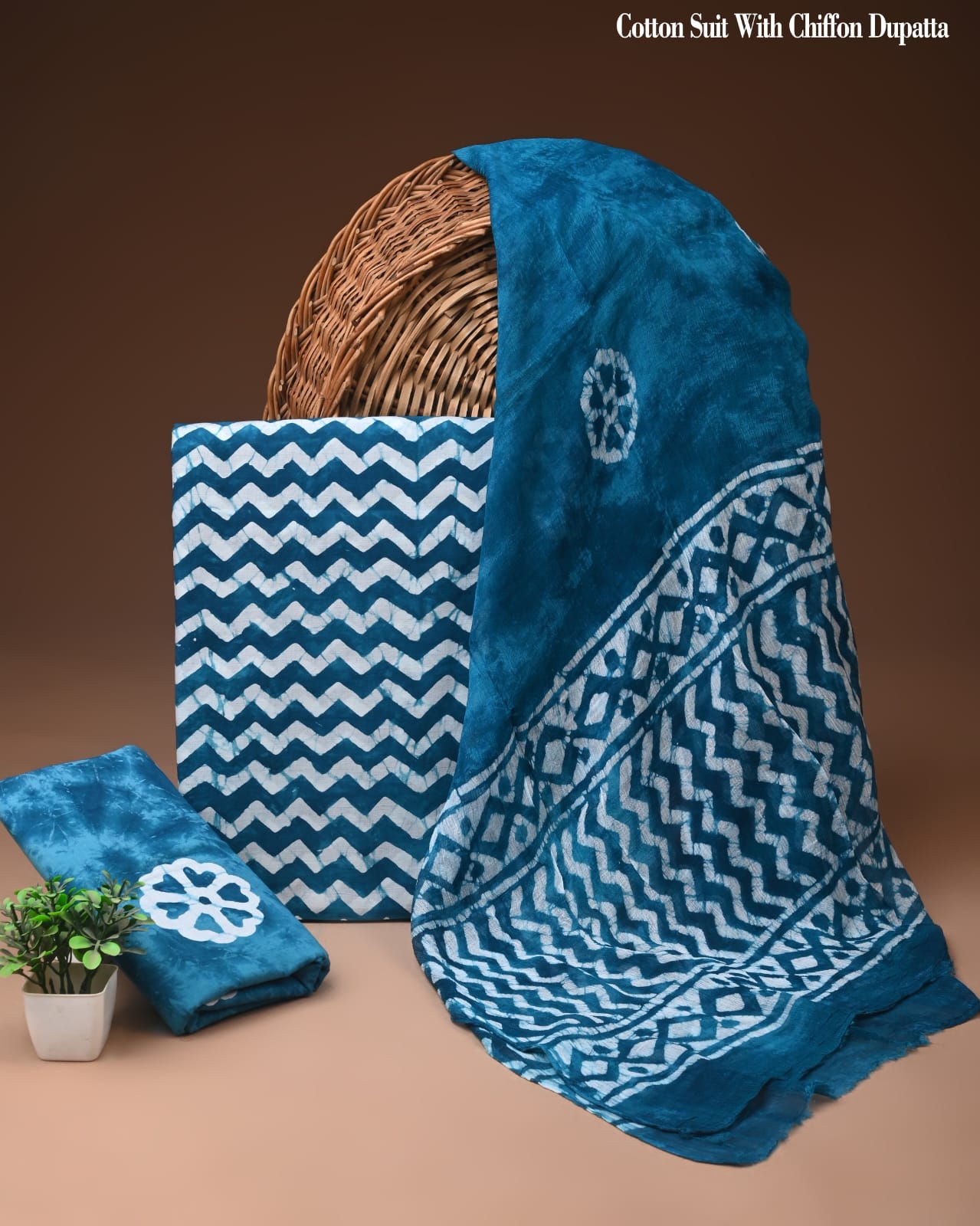 Teal Blue Zigzag Batik Print Cotton Suit with Chiffon Dupatta – Ladies Unstitched Summer Dress Material
