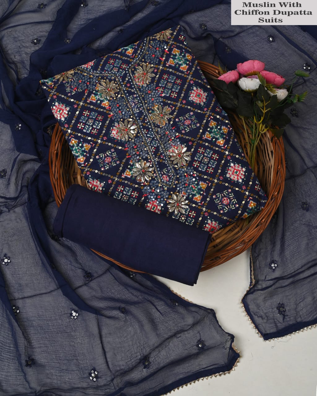 Navy Blue Muslin Printed Suit with Embroidered Neck & Chiffon Dupatta