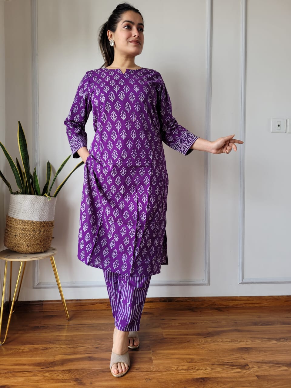 Purple Cotton Printed Kurti Pant Set for Women