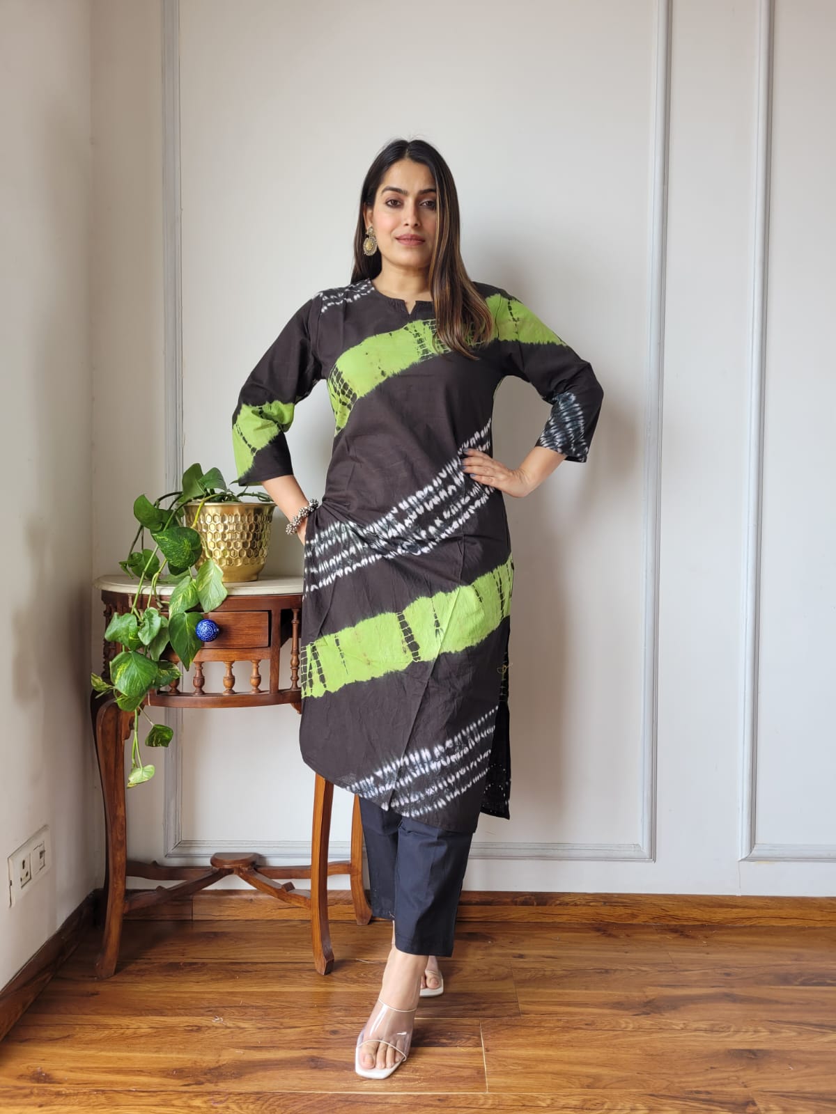 Black Green Printed Cotton Kurti Pant Set for Women