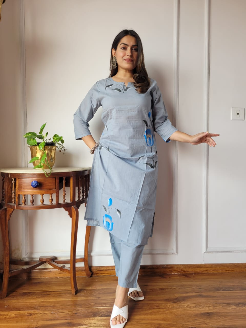 Grey Floral Cotton Kurta Pant Set for Women | Stylish Ethnic Summer Outfit