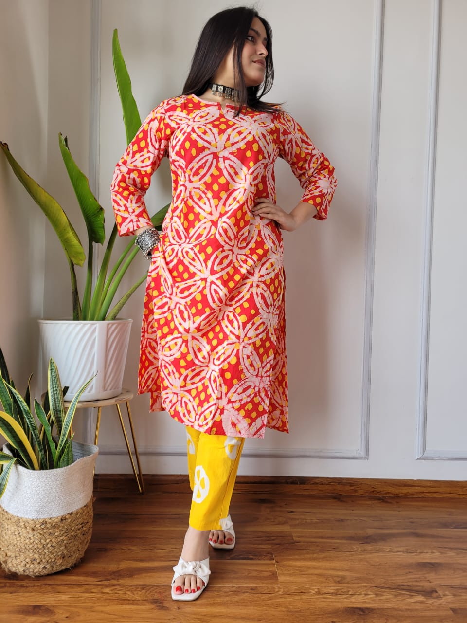 Red Yellow Printed Cotton Kurti Pant Set for Women