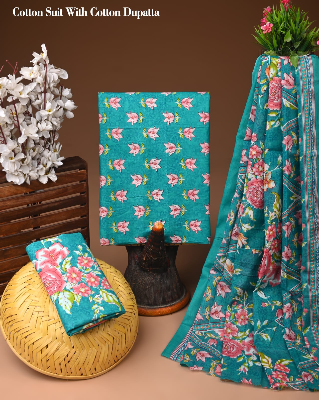 Sea Green Floral Printed Cotton Suit with Cotton Dupatta – Ladies Unstitched Summer Dress Material