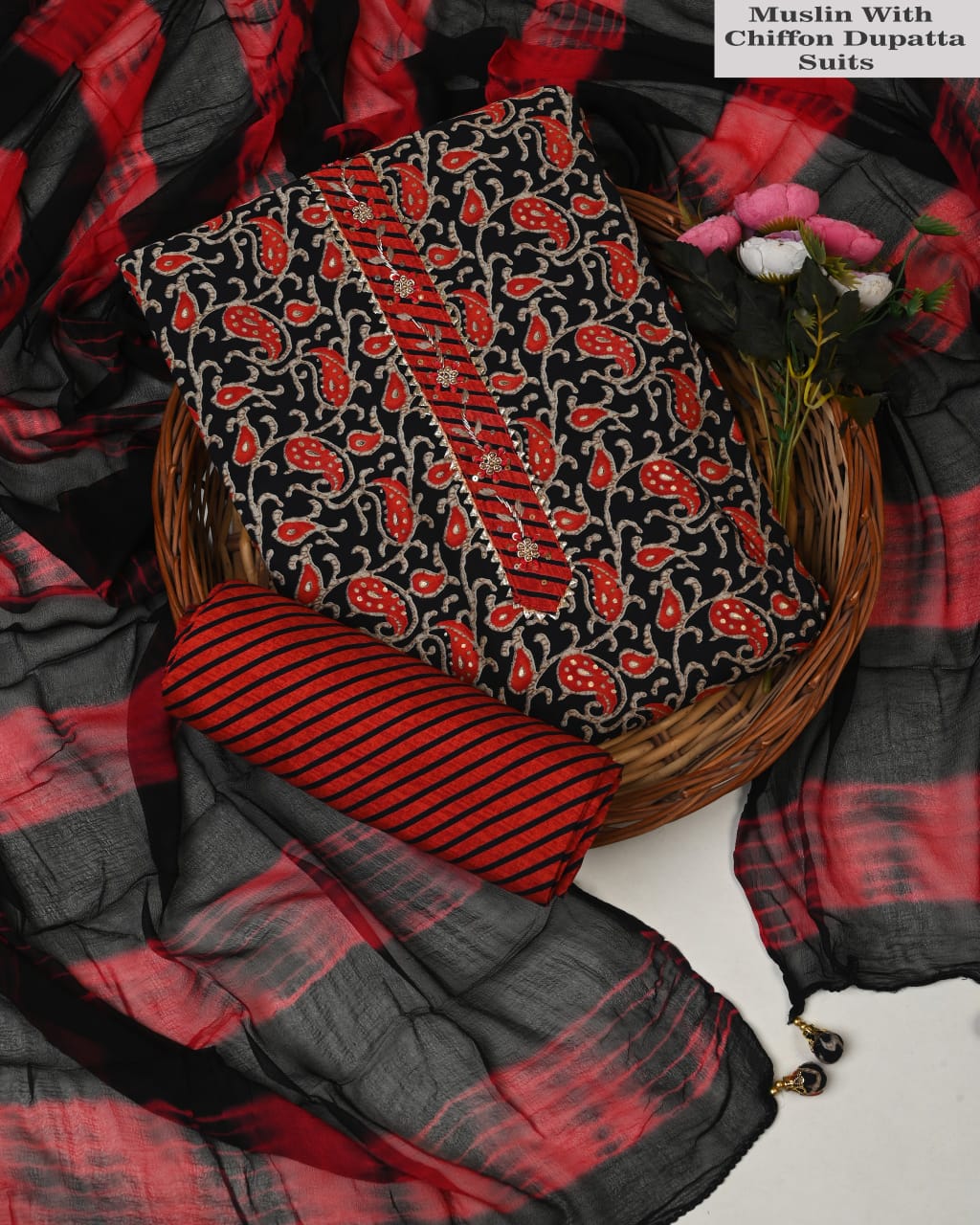 Black Muslin Printed Suit with Designer Chiffon Dupatta – Festive Wear