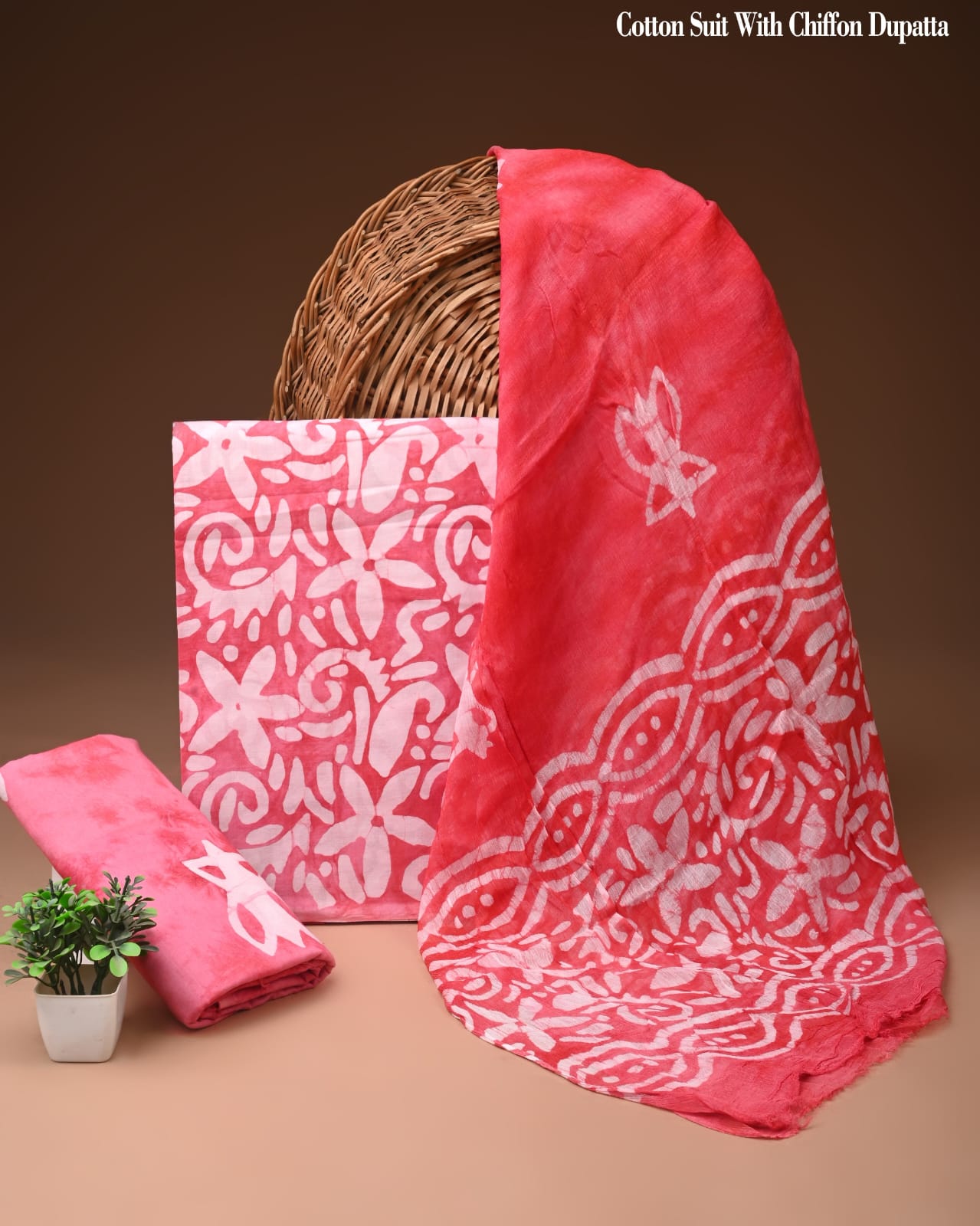 Coral Red Floral Batik Print Cotton Suit with Chiffon Dupatta – Ladies Unstitched Summer Dress Material