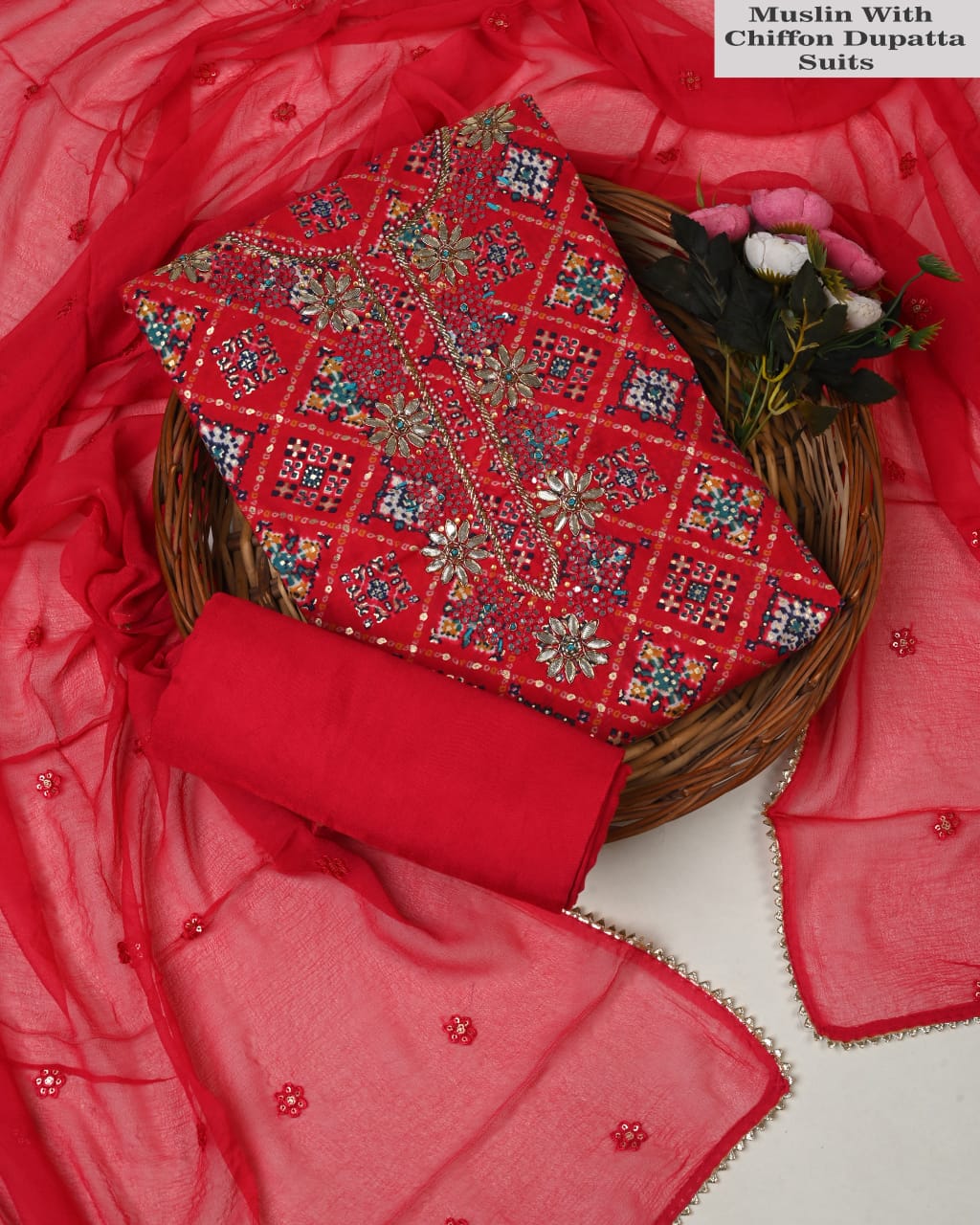 Red Muslin Suit With Chiffon Dupatta – Festive Wear Unstitched Set