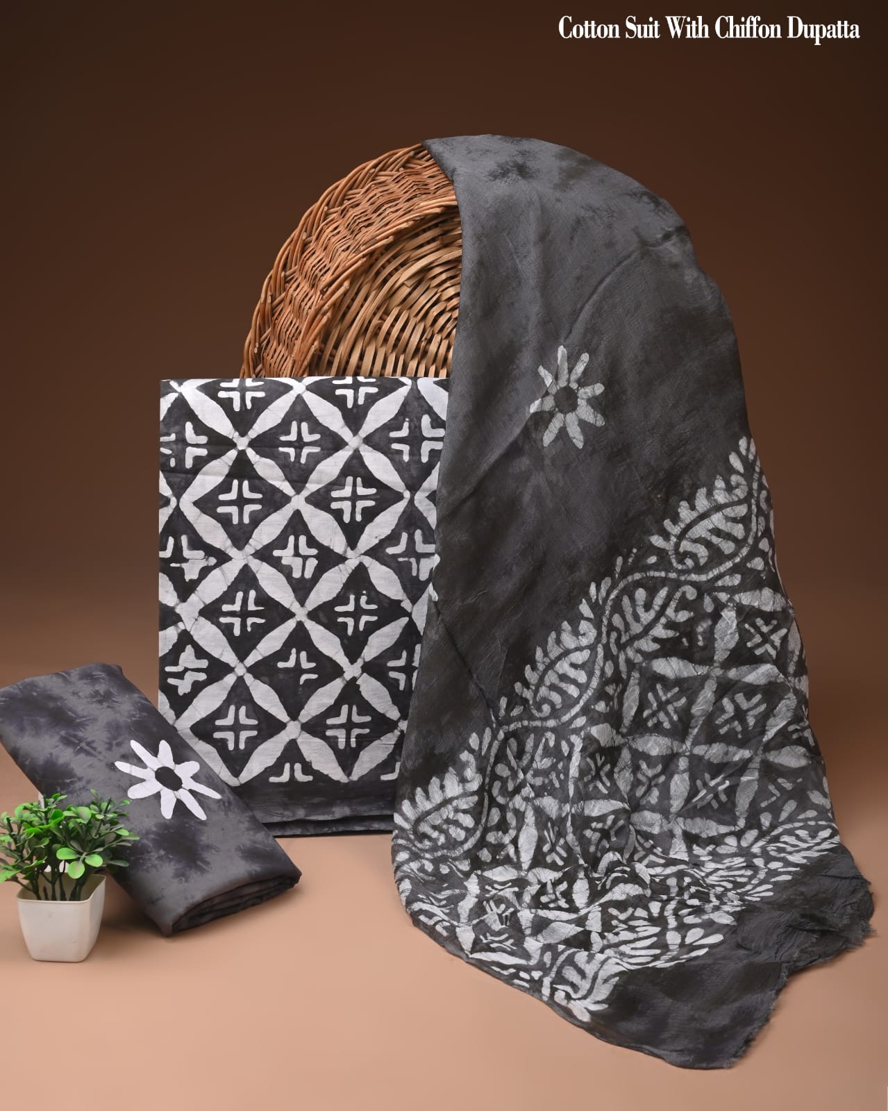Grey Diamond Batik Print Cotton Suit with Chiffon Dupatta – Ladies Unstitched Summer Dress Material