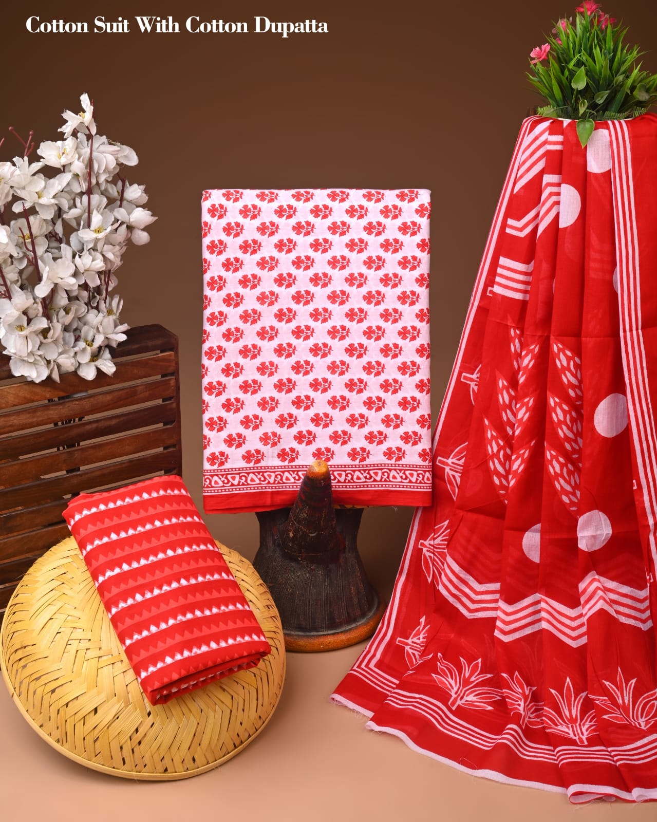 Red Floral Printed Cotton Suit with Cotton Dupatta – Ladies Unstitched Summer Dress Material