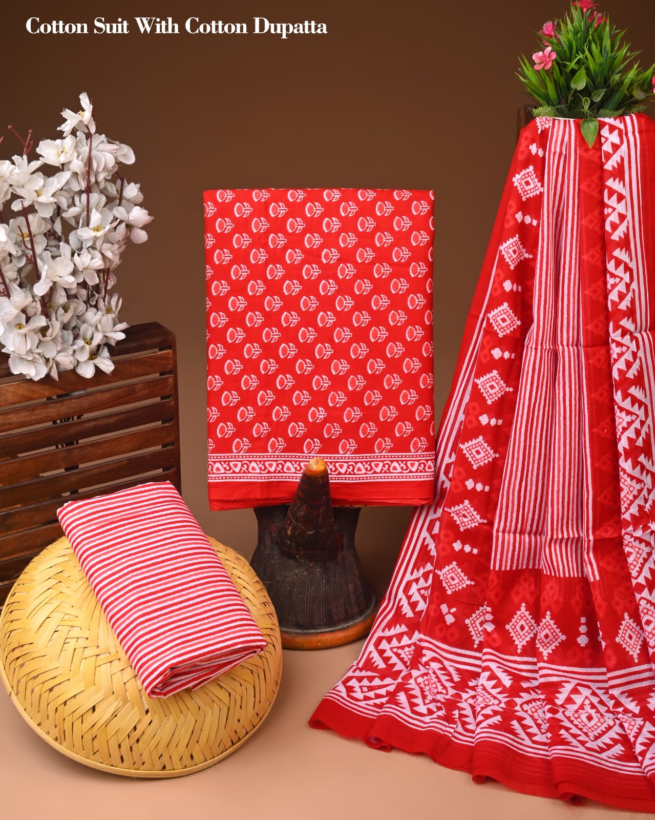 Red Geometric Printed Cotton Suit with Cotton Dupatta – Ladies Unstitched Summer Dress Material