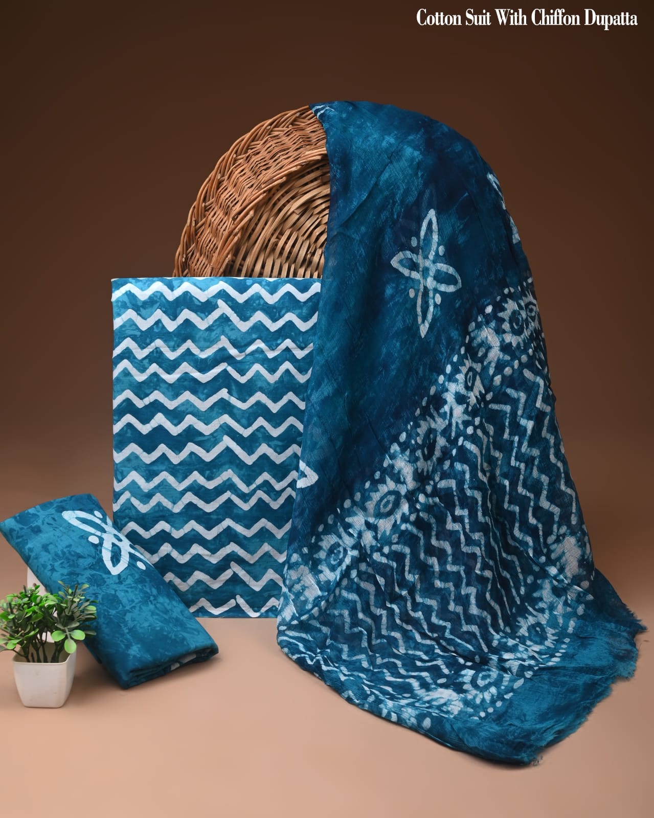 Teal Blue Zigzag Batik Print Cotton Suit with Chiffon Dupatta – Ladies Unstitched Summer Dress Material