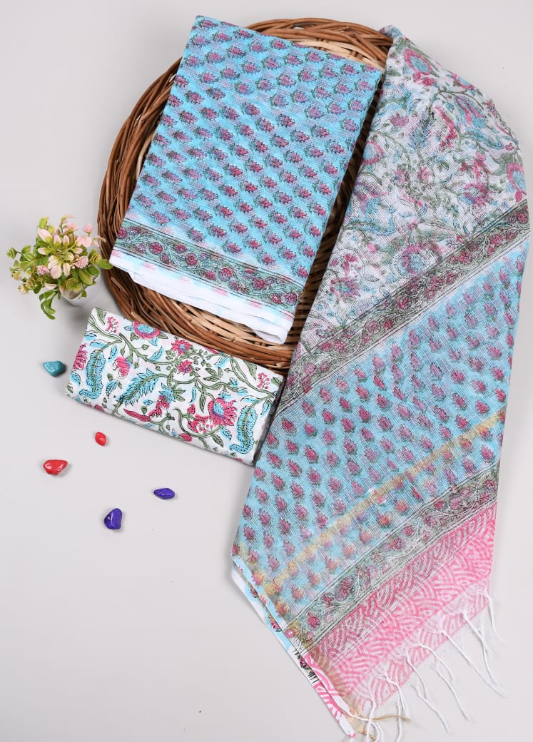 Aqua Blue Floral Printed kota doriya Suit Set (MVFKO36)