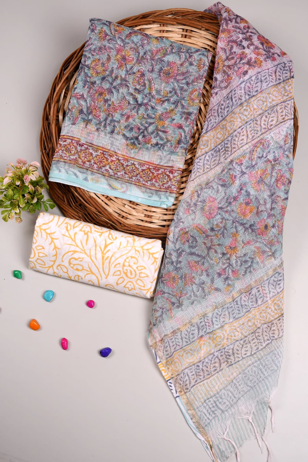 Pastel Grey Floral Printed kota doriya Suit Set (MVFKO37)