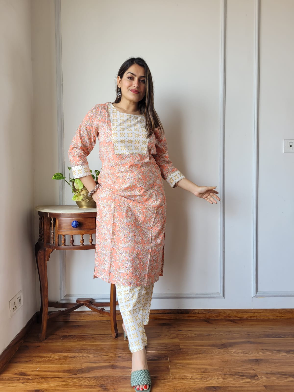 Peach Printed Cotton Kurti Pant Set for Women