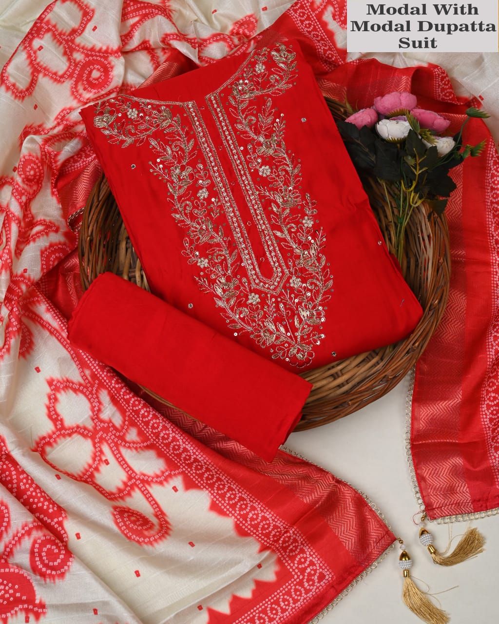 Red Modal Suit With Modal Dupatta – Designer Party Wear Suit