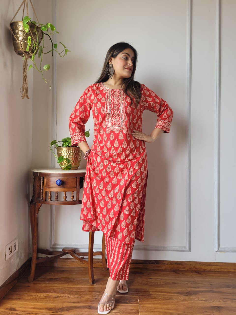 Red Printed Cotton Kurti Pant Set for Women – Stylish Ethnic Wear