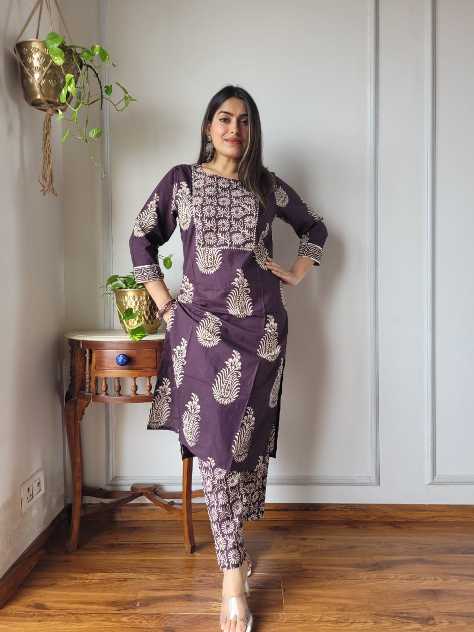 Purple Printed Cotton Kurti Pant Set for Women | Maharani Vastra