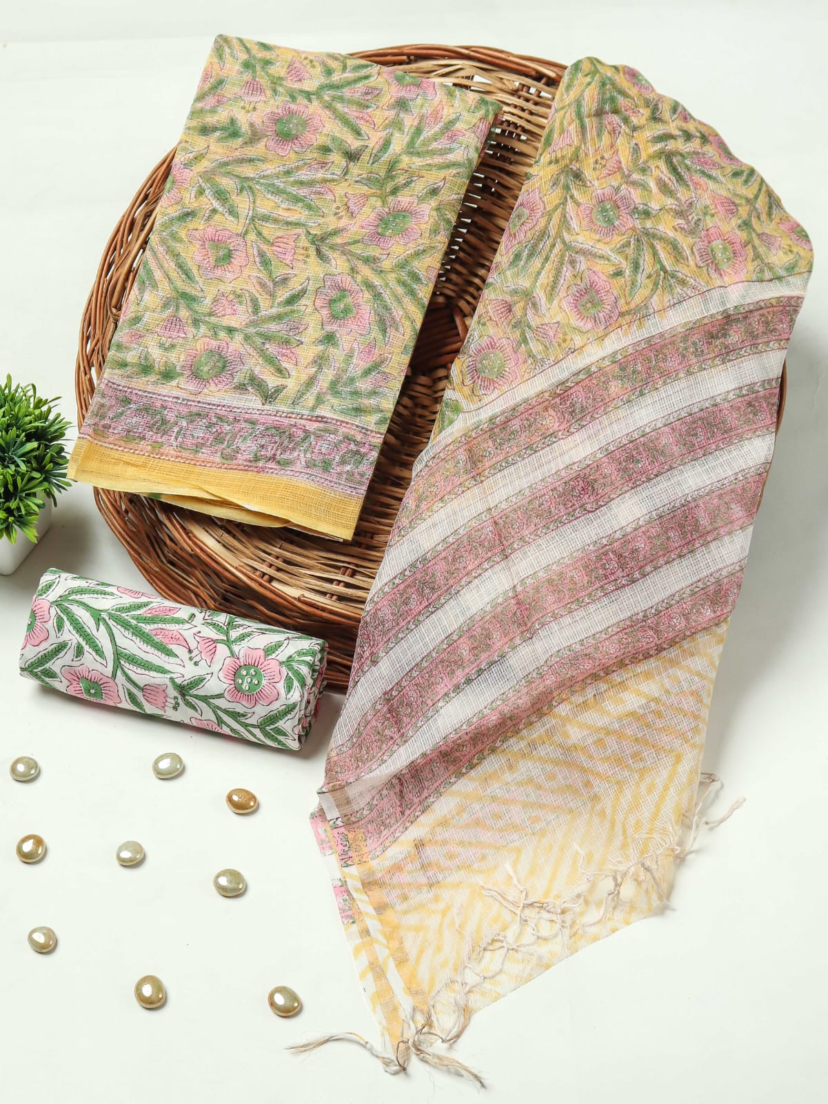 Yellow Floral Printed kota doriya suit Set (MVFKO46)