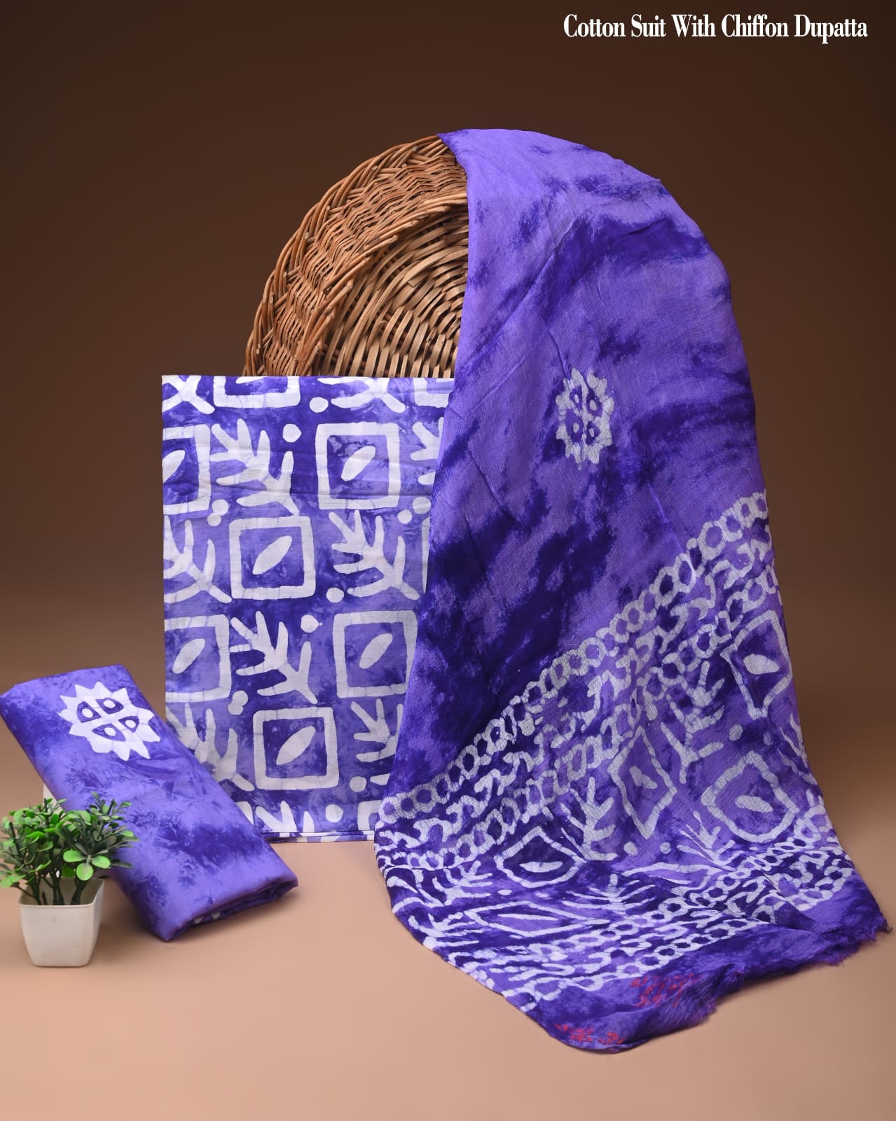 Deep Violet Geometric Batik Print Cotton Suit with Chiffon Dupatta – Ladies Unstitched Summer Dress Material
