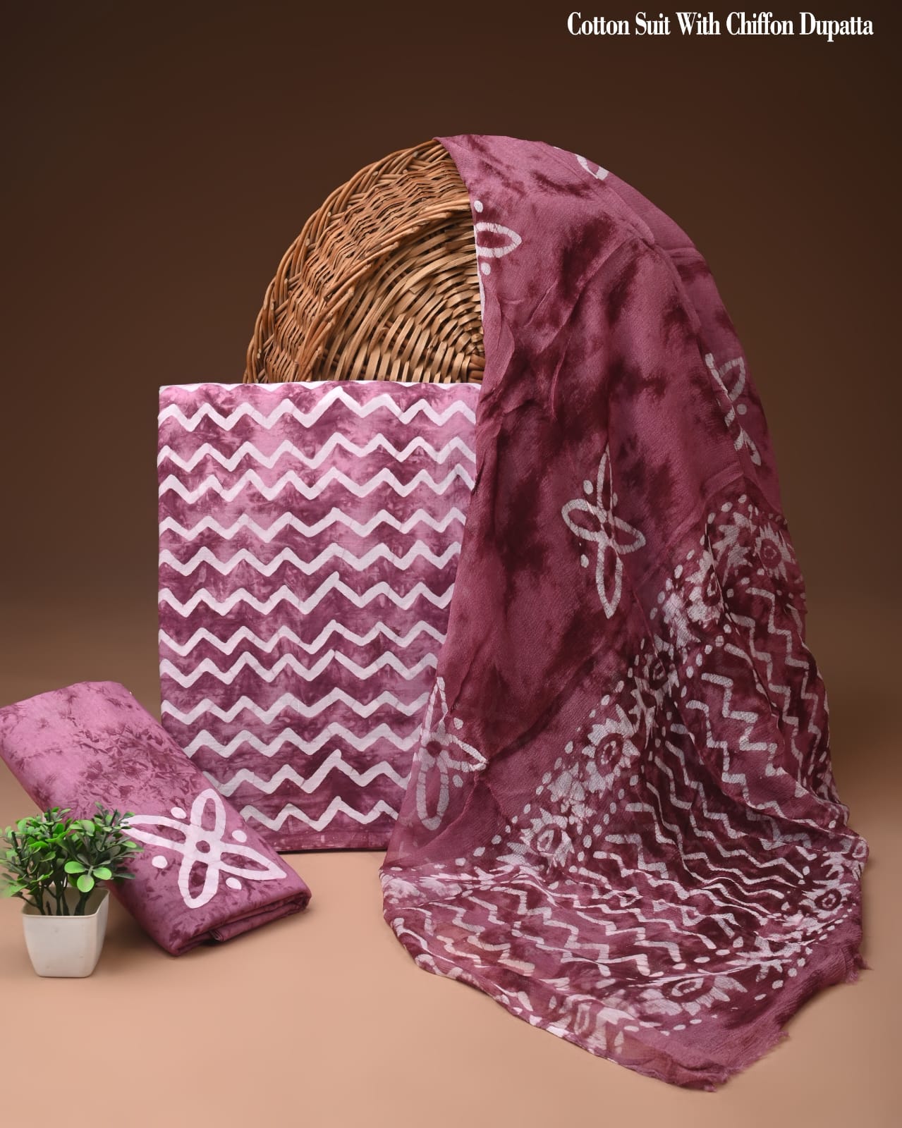 Maroon Zigzag Batik Print Cotton Suit with Chiffon Dupatta – Ladies Unstitched Summer Dress Material