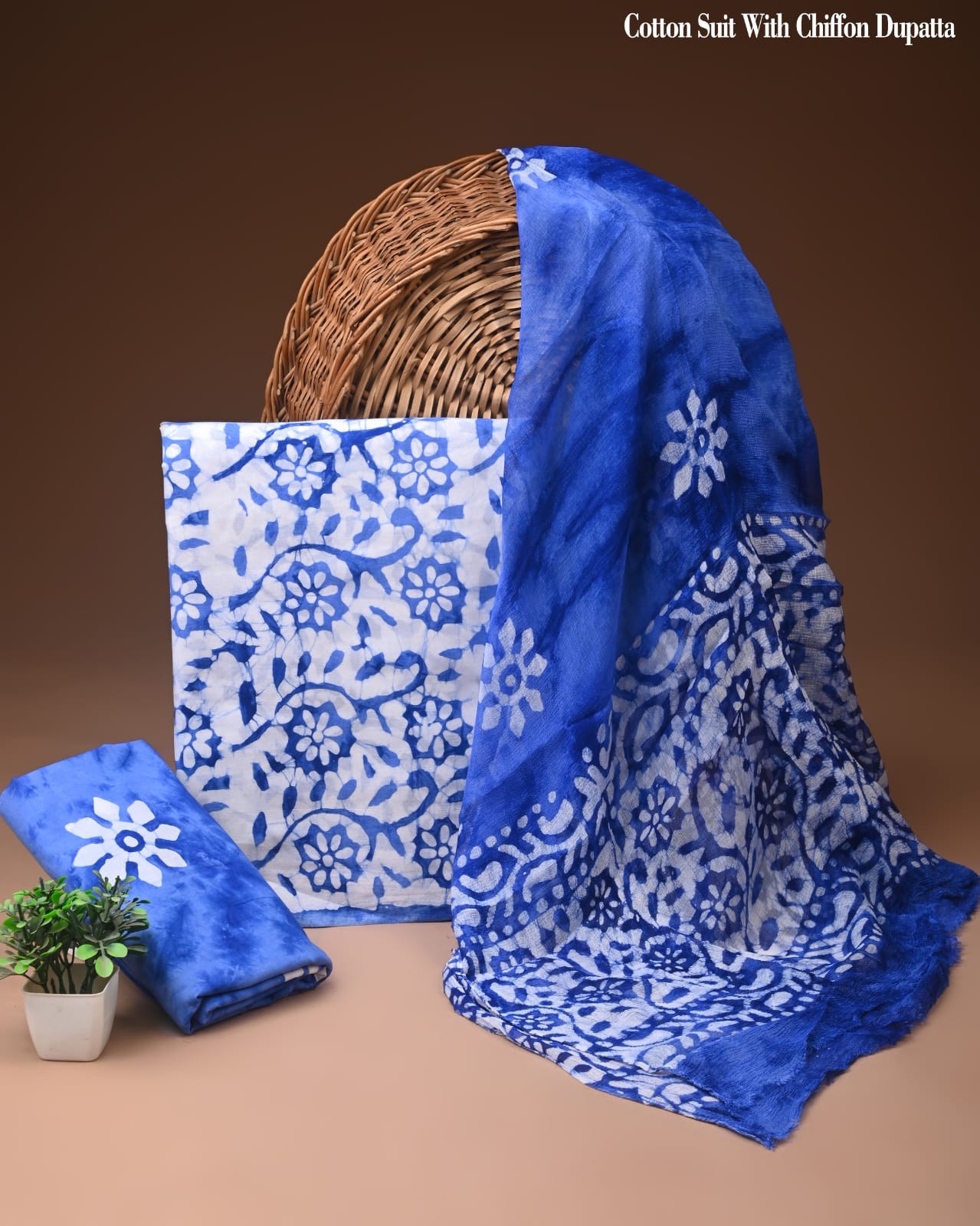 Sky Blue Floral Batik Print Cotton Suit with Chiffon Dupatta – Ladies Unstitched Summer Dress Material