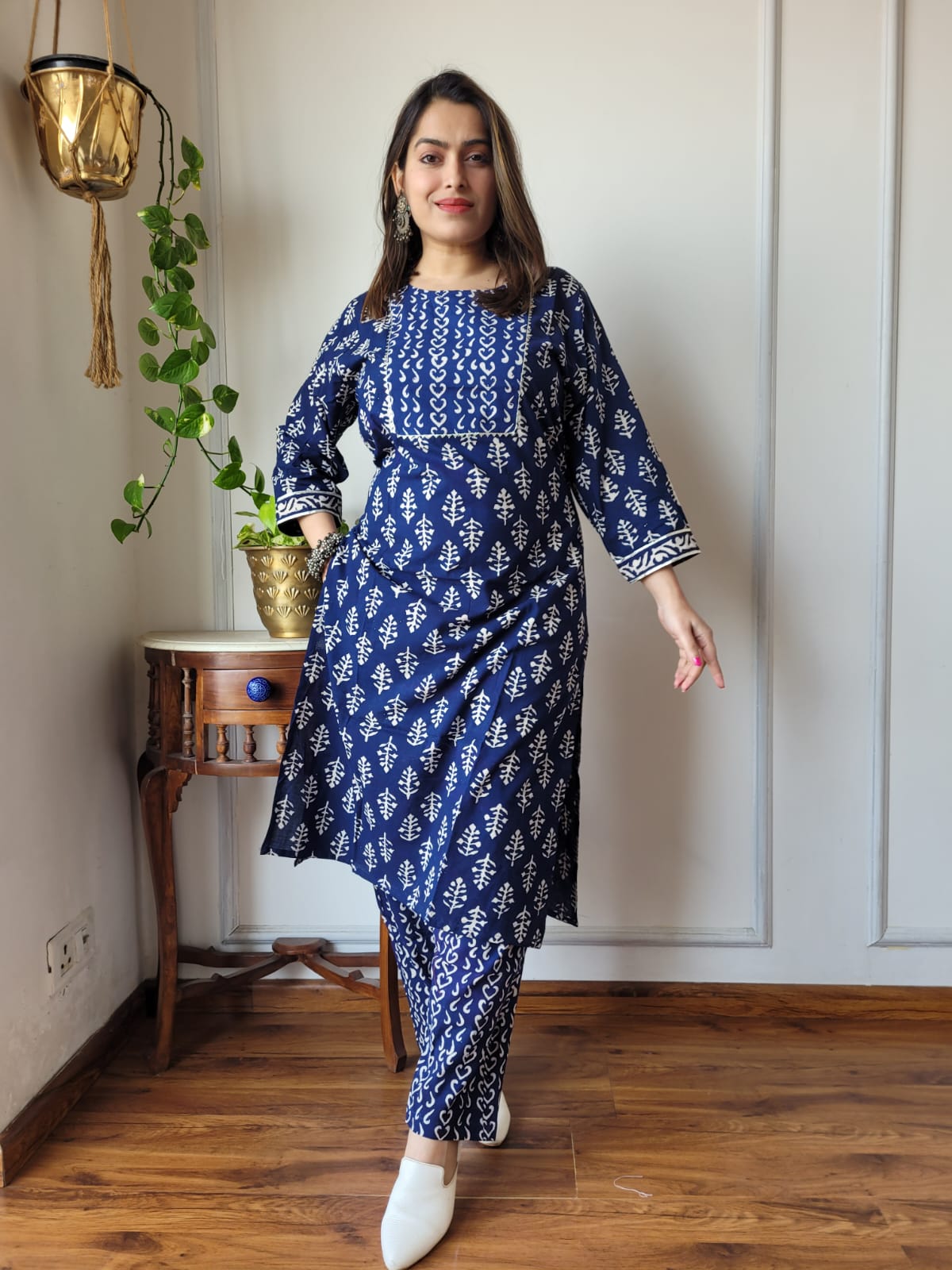 Navy Blue Printed Cotton Kurti Pant Set for Women | Maharani Vastra