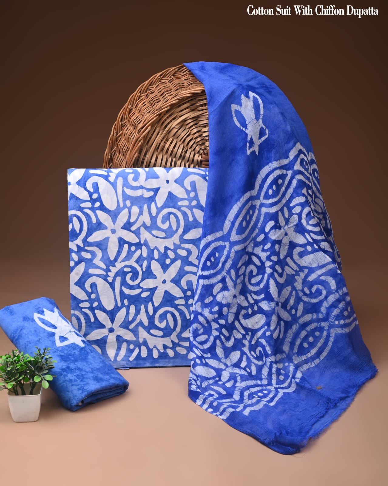 lassic Blue Floral Batik Print Cotton Suit with Chiffon Dupatta – Ladies Unstitched Summer Dress Material