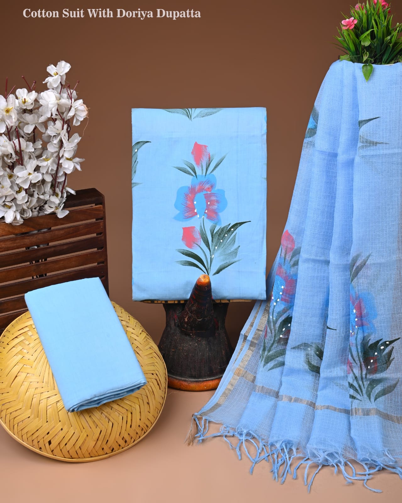 Sky Blue Cotton Suit with Kota Doriya Dupatta | Elegant Floral Suit Set