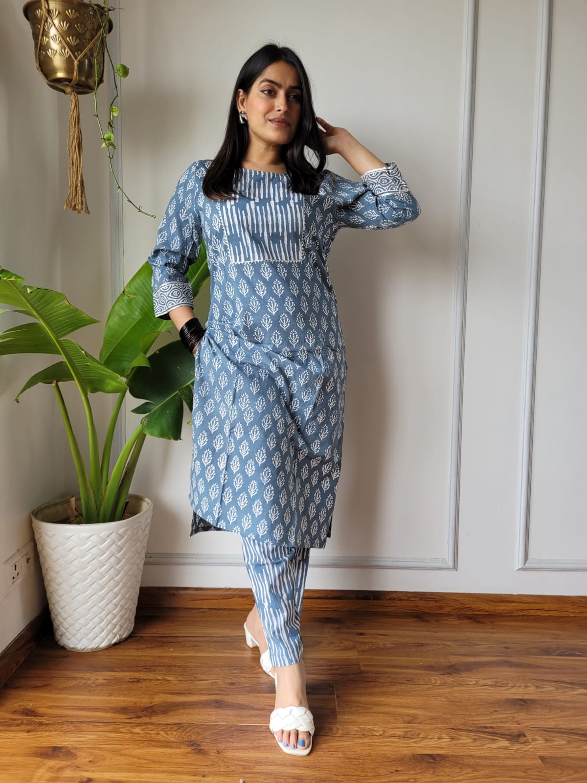 Sky Blue Printed Cotton Kurti Pant Set for Women | Maharani Vastra