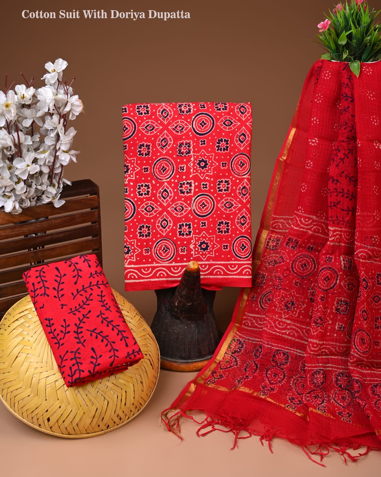 Red Cotton Suit with Kota Doriya Dupatta | Festive Printed Dress Material