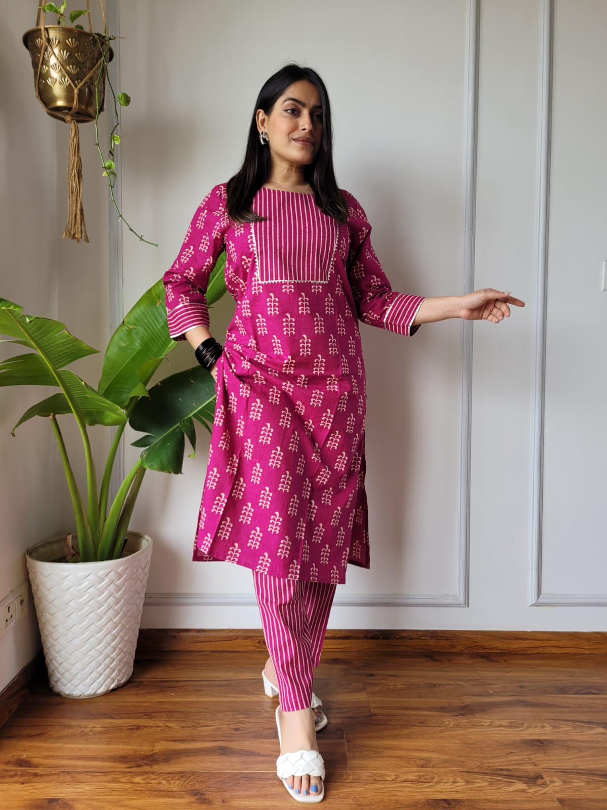 Pink Printed Cotton Kurti Pant Set for Women | Maharani Vastra