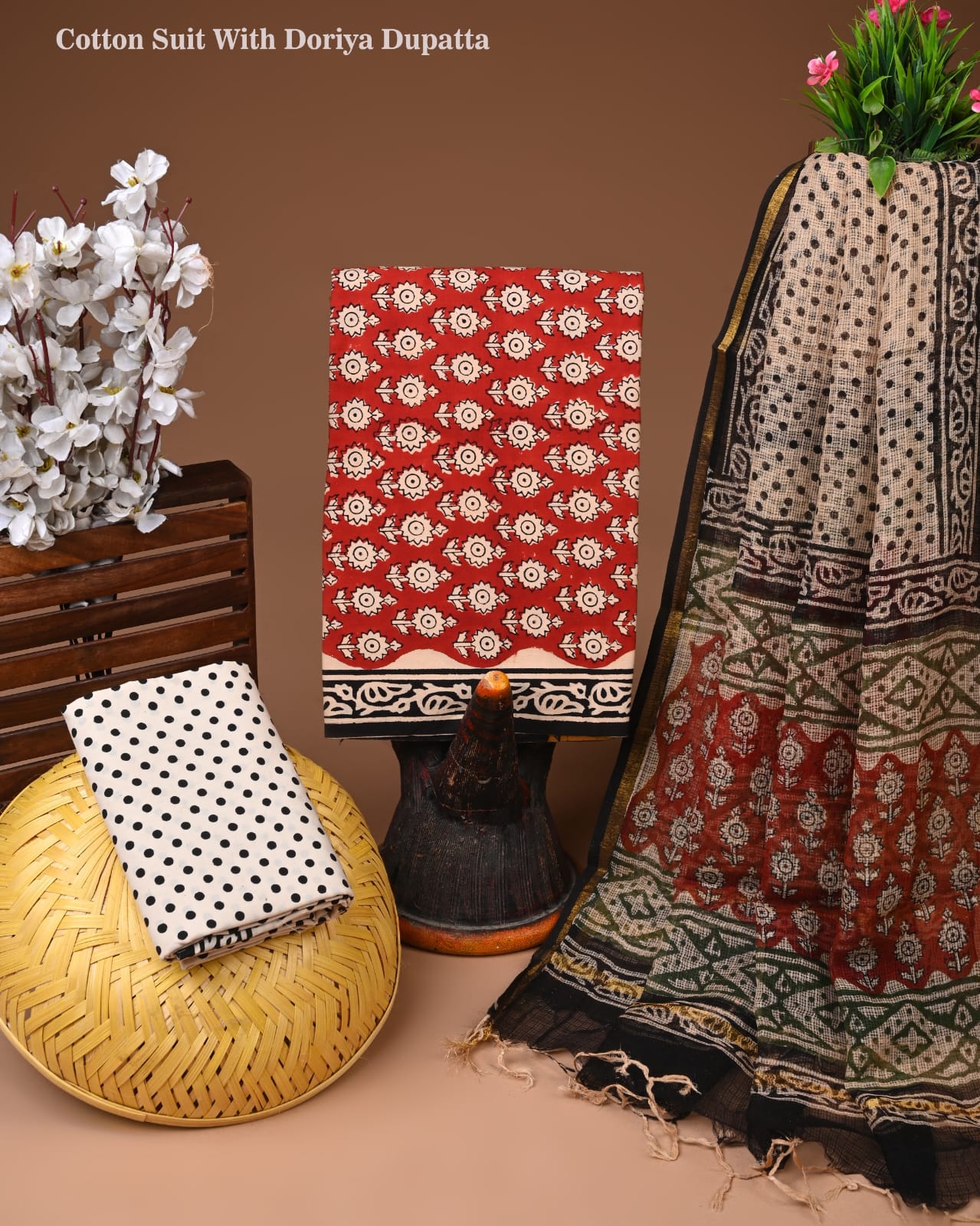 Brick Red Cotton Suit with Kota Doriya Dupatta | Traditional Suit Set