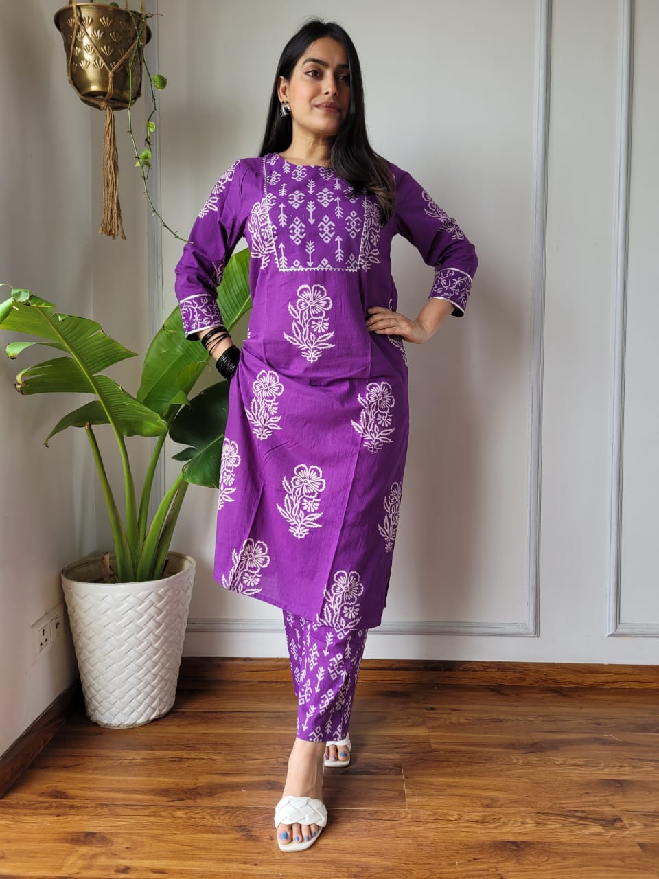 Purple Floral Cotton Kurti Pant Set for Women | Maharani Vastra