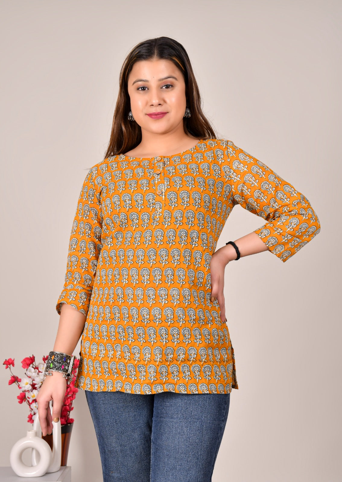 Mustard Tree Print Cotton Top for Women – Casual Ethnic Summer Wear
