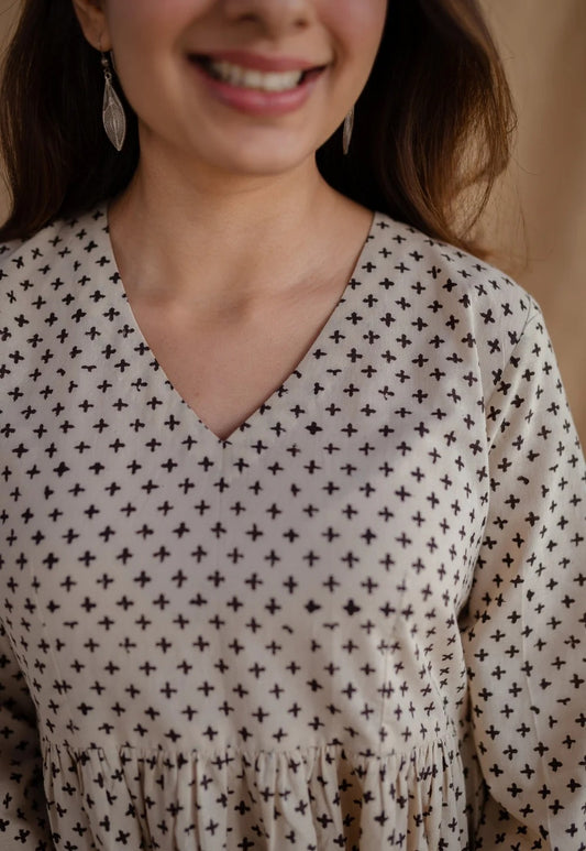 Beige Printed Long Ethnic Dress