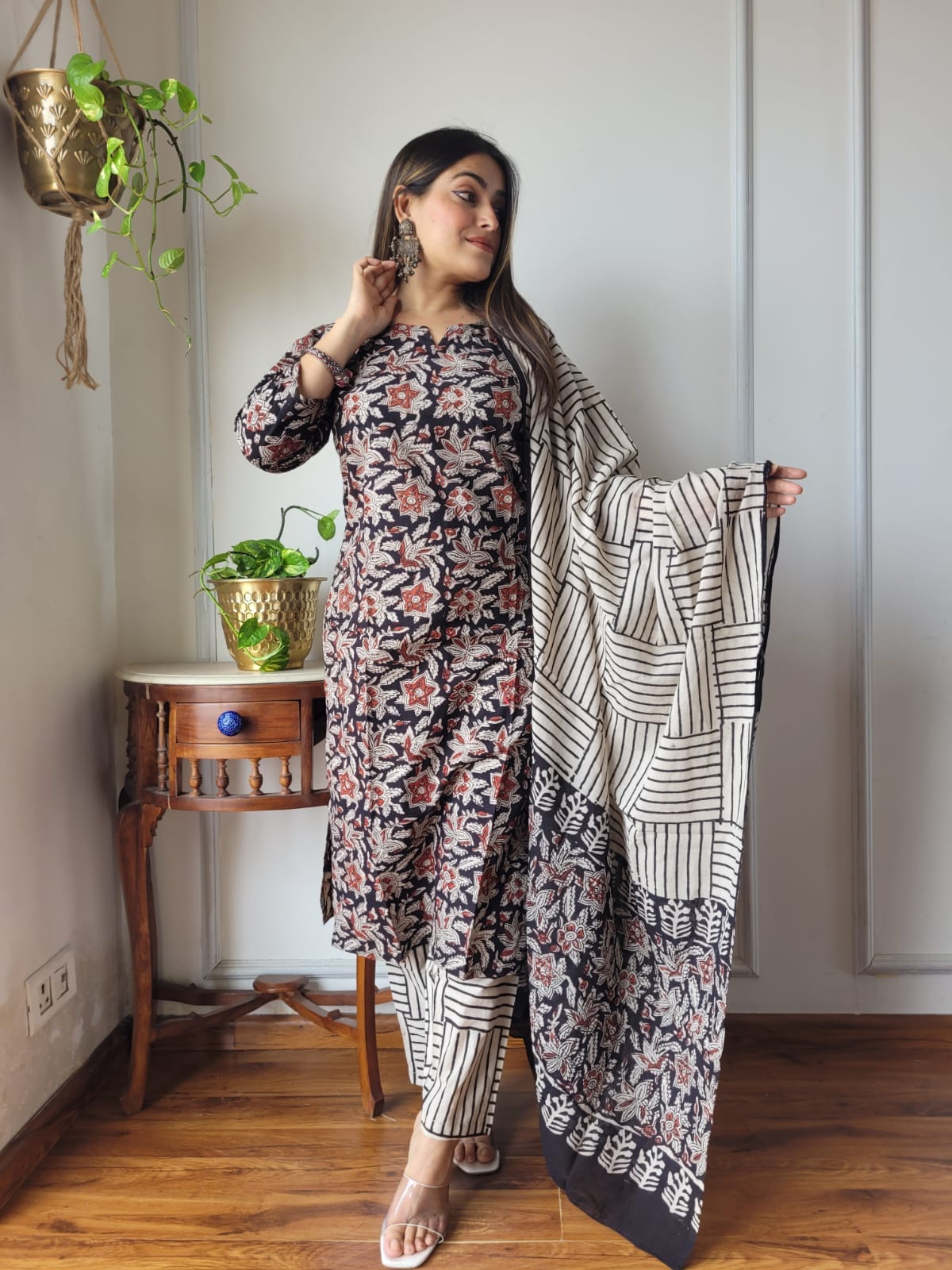 Black Floral Cotton Suit with Printed Dupatta for Women